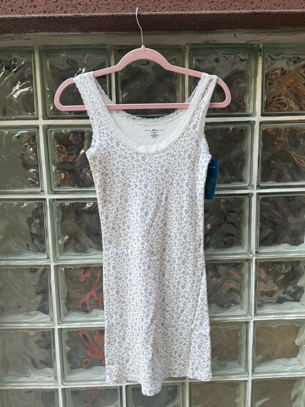 Brandy Melville Ronnie Mini Dress with Light Blue Floral Print and Lace Trim